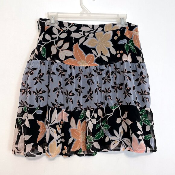 ANN TAYLOR LOFT Tiered Floral Skirt Black Blue ish Cream Short Mini Boho Work 8 - Picture 12 of 16